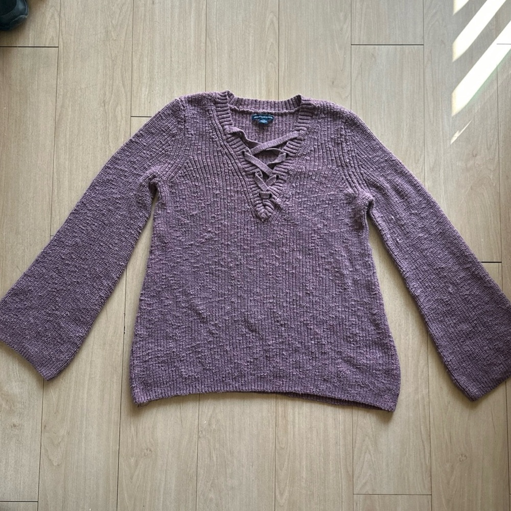American Eagle Y2K Bell Sleeve Lace Up Keyhole Sweater Medium Knit Size L Rose